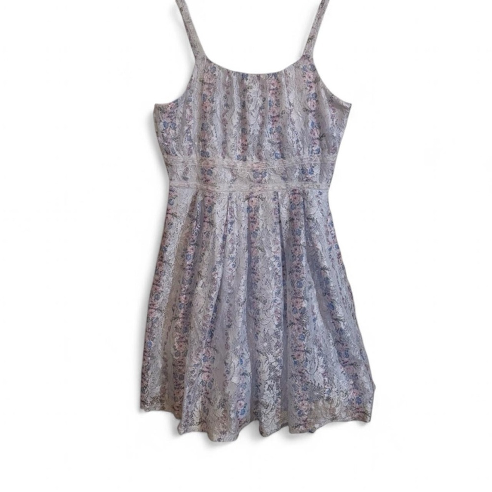 KNITWORKS Baby Blue/Pink Ditsy Rose Sleeveless Shirred Lace Trim Mini Dress 16